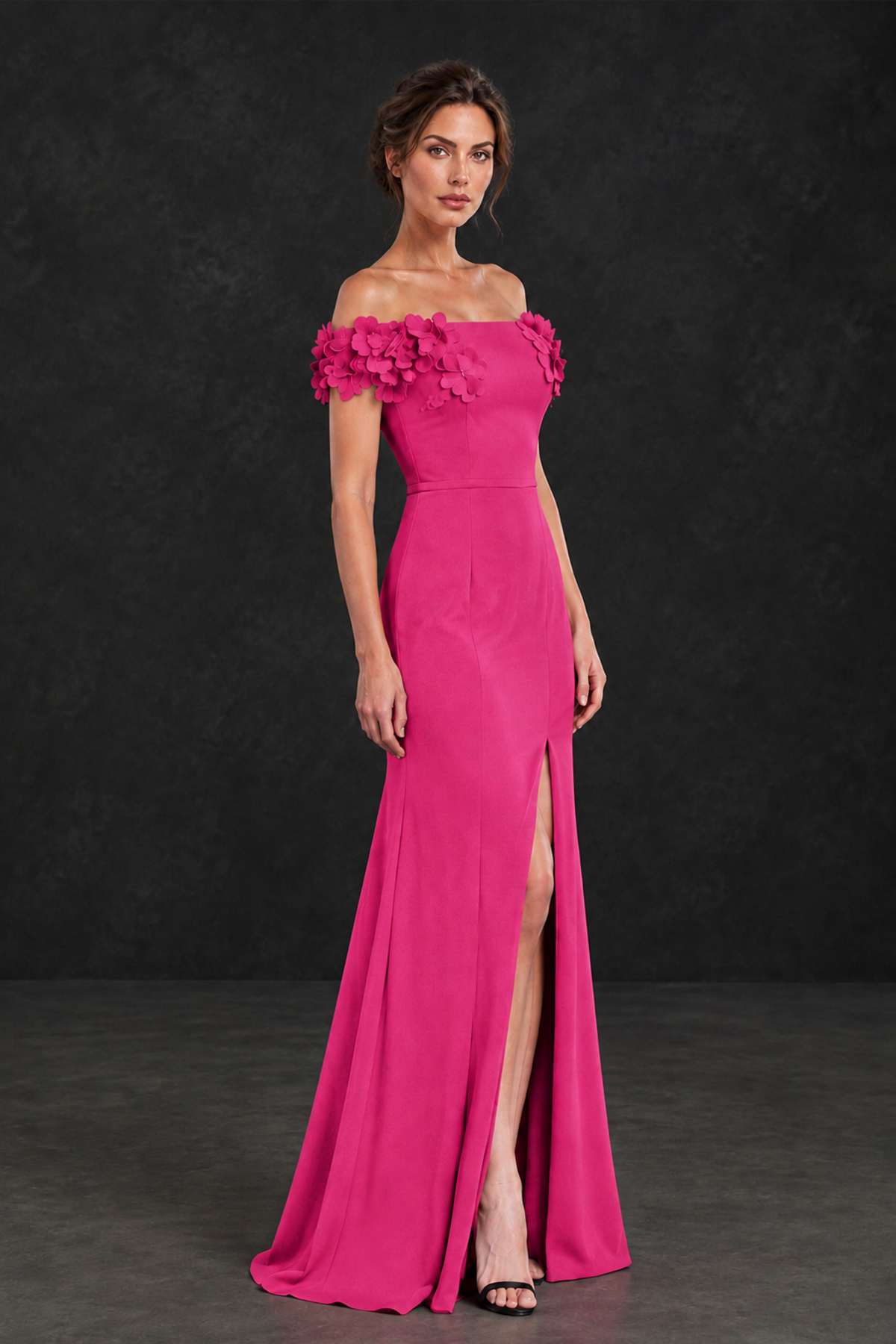 BOLODOO Hot Pink Off-the-Shoulder Mother of the Bride Dress with Floral Appliques - Hot Pink - Hot Pink_03