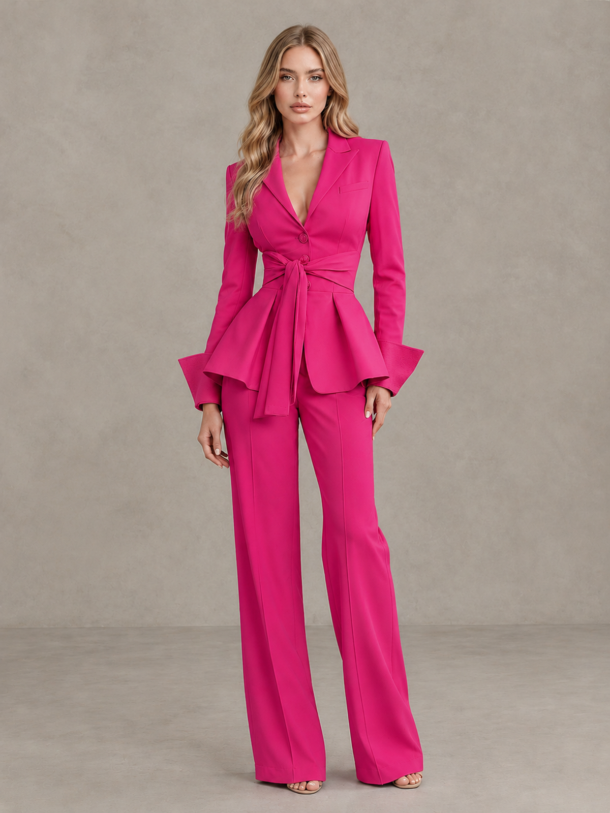 BOLODOO Hot Pink Belted Peplum Pantsuit with Long Sleeves & Wide-Leg Trousers - Hot Pink - Hot Pink_03