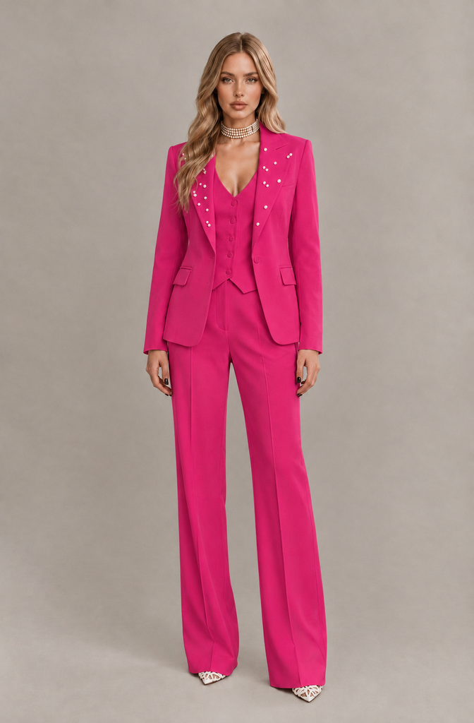 BOLODOO Hot Pink Women's Three-Piece Pantsuit with Blazer & Vest - Hot Pink - Hot Pink_03