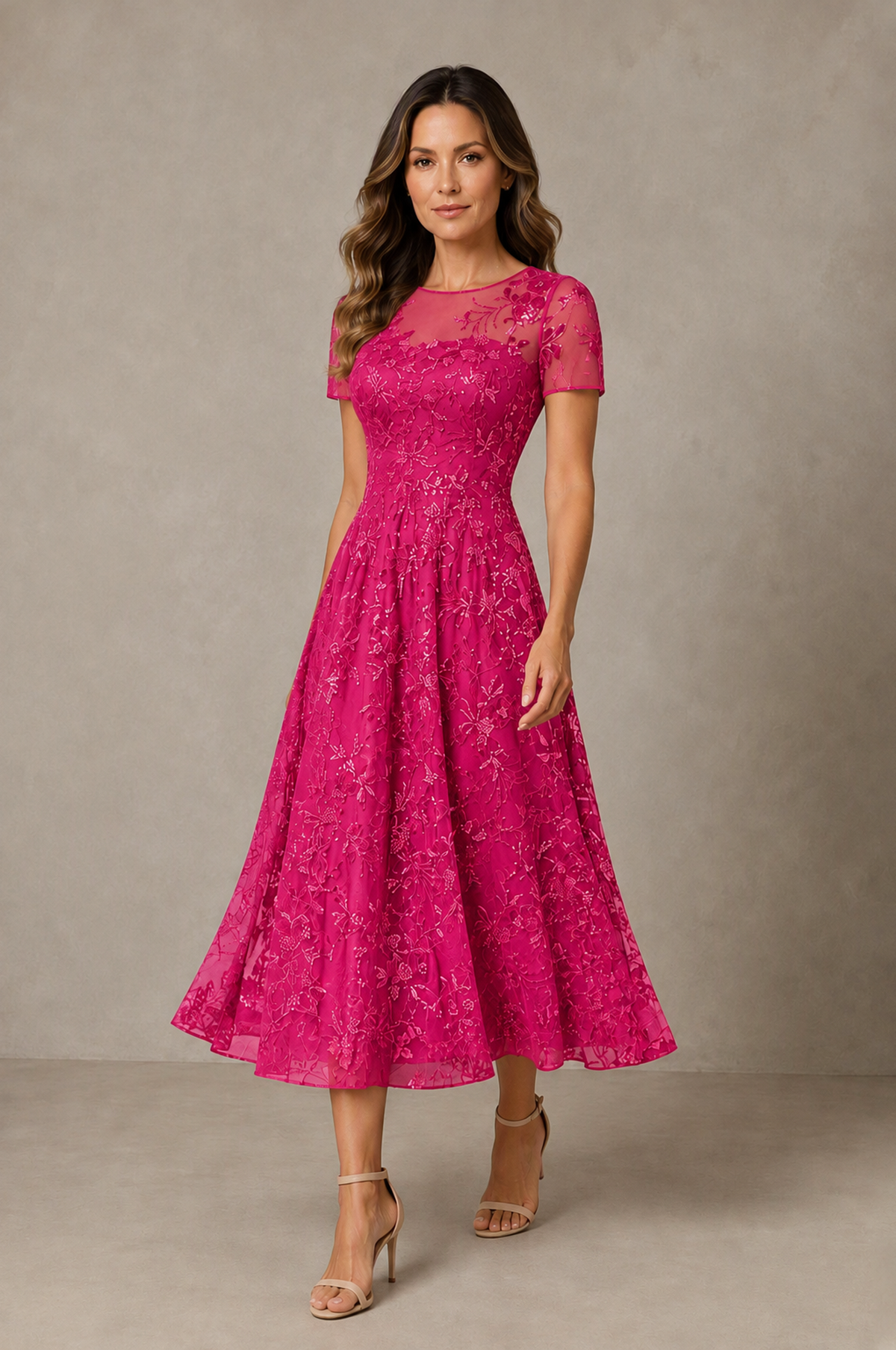 BOLODOO Hot Pink Textured Floral A-Line Dress with Short Sleeves - Hot Pink - Hot Pink_03