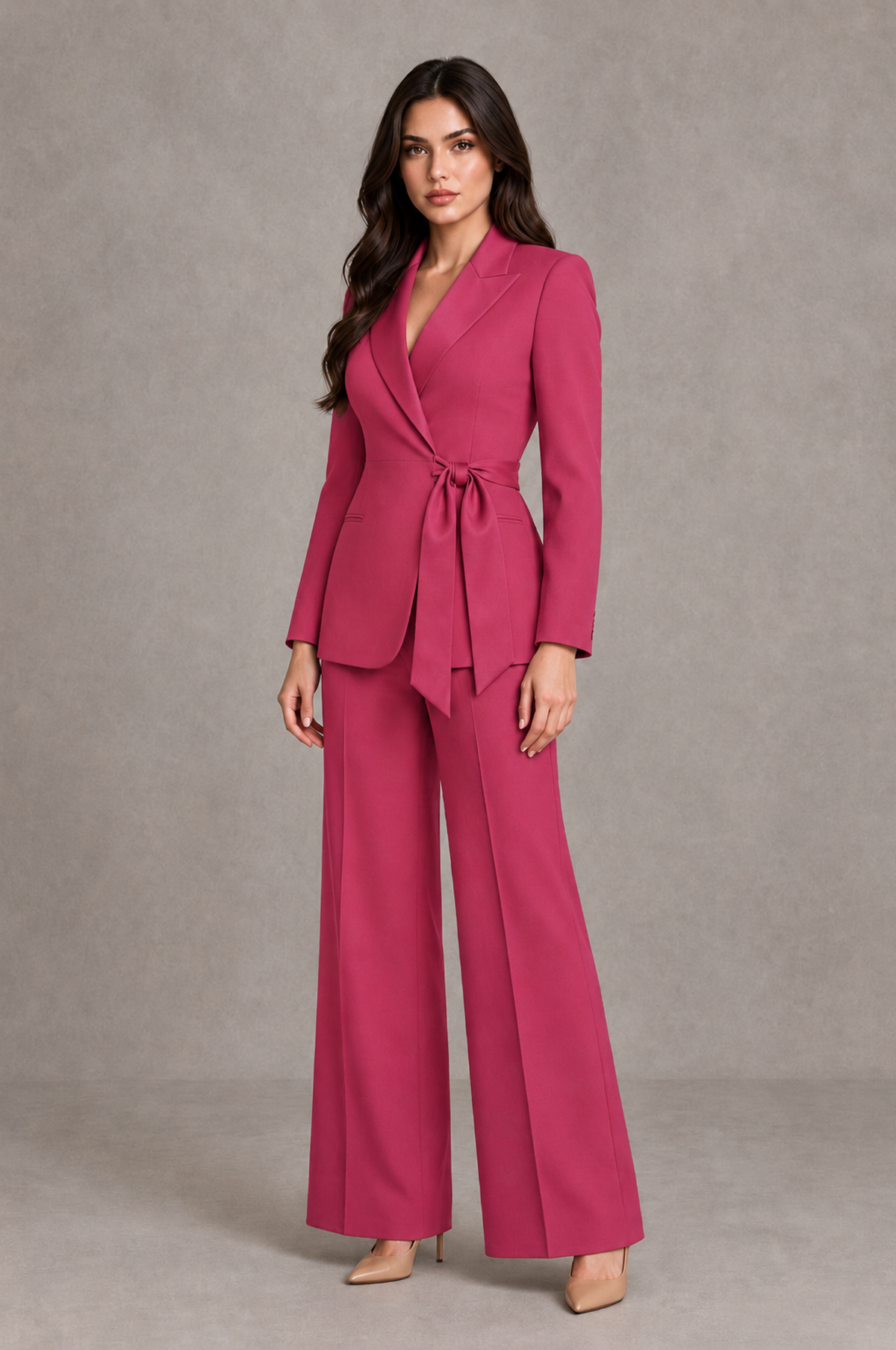 BOLODOO Hot Pink Tie-Waist Blazer & Wide-Leg Pantsuit - Hot Pink - Hot Pink_03