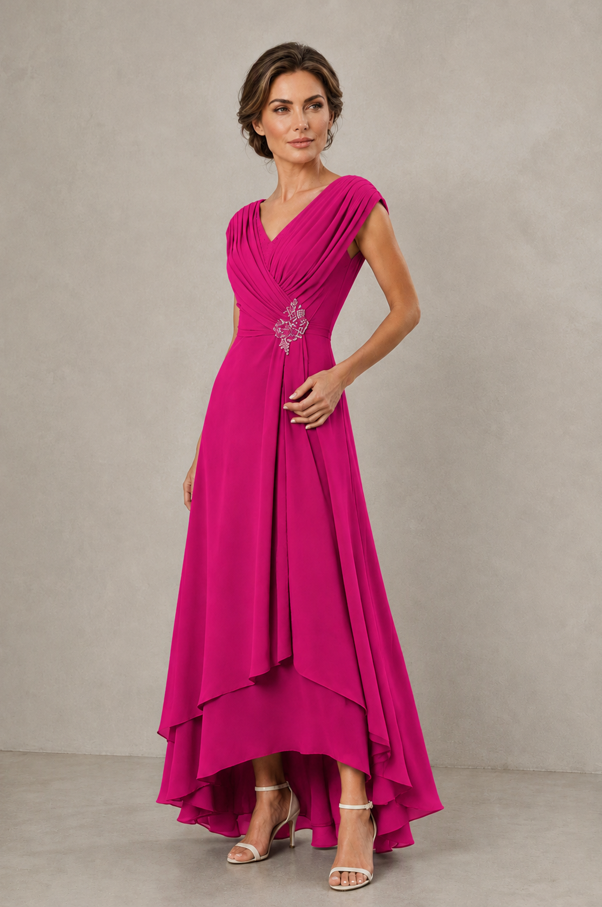 BOLODOO Hot Pink V-Neck High-Low Mother of the Bride Dress - Hot Pink - Hot Pink_03