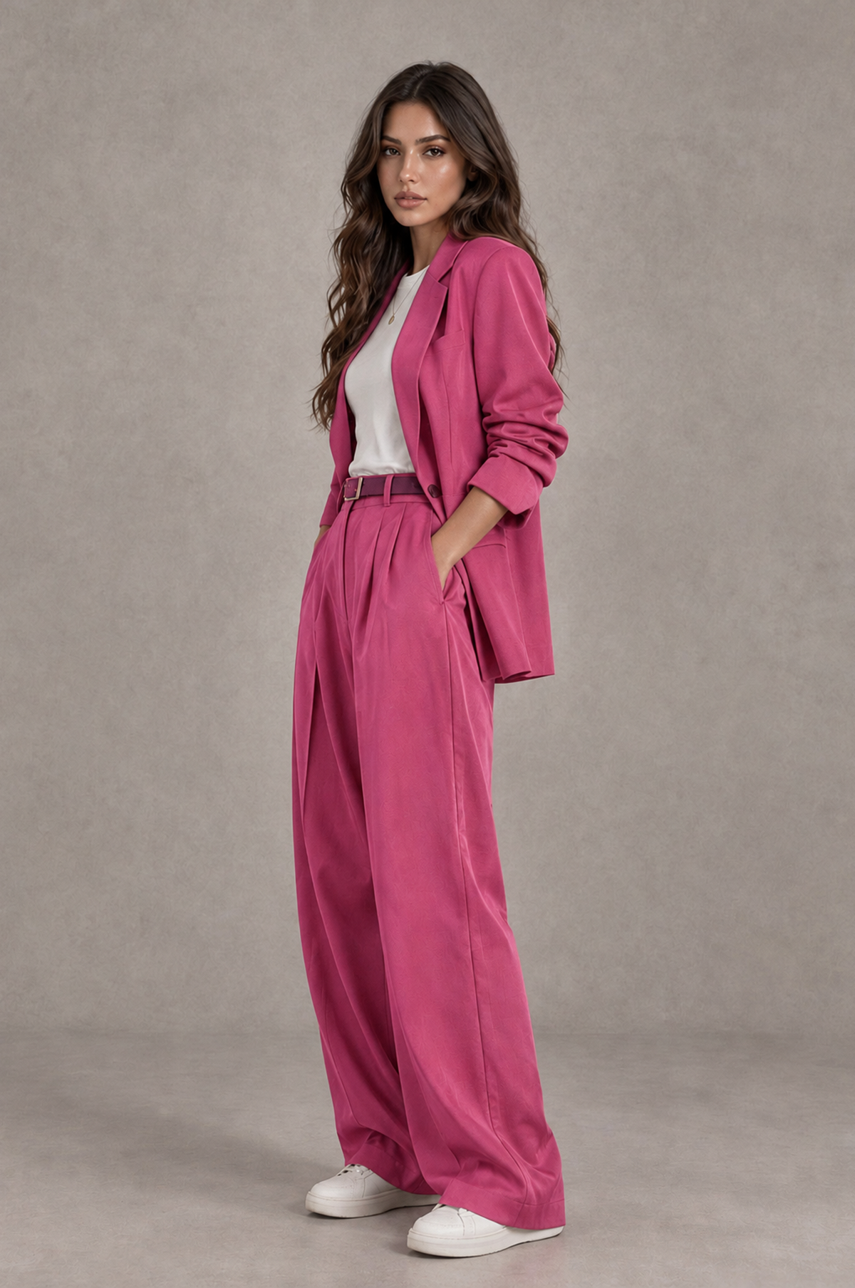 BOLODOO Hot Pink Brown Blazer & Wide-Leg Pants Suit for Women - Hot Pink - Hot Pink_03