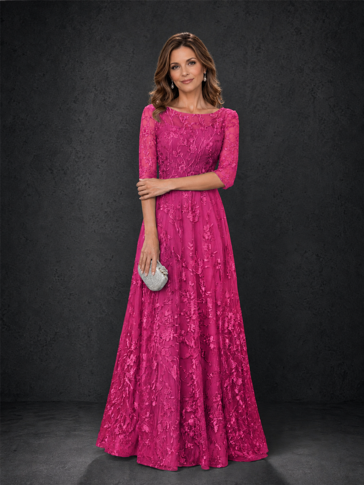 BOLODOO Hot Pink Illusion Bateau Neck 3/4 Sleeve Floral Lace A-Line Mother of the Bride Dress MX007 - Hot Pink - Hot Pink_03