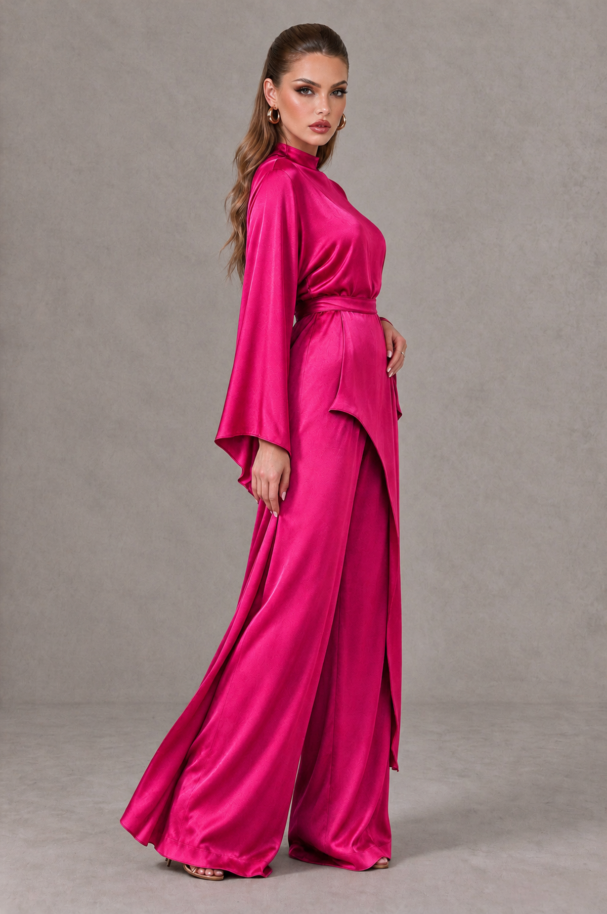 BOLODOO Hot Pink Satin-Look Long Sleeve Wide-Leg Jumpsuit - Hot Pink - Hot Pink_03
