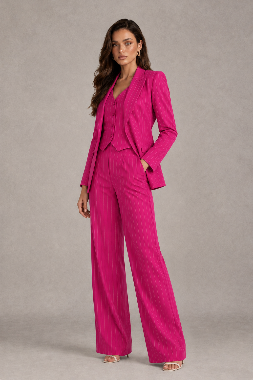 BOLODOO Women's Hot Pink Pinstripe Three-Piece Pantsuit with Wide-Leg Trousers - Hot Pink - Hot Pink_03