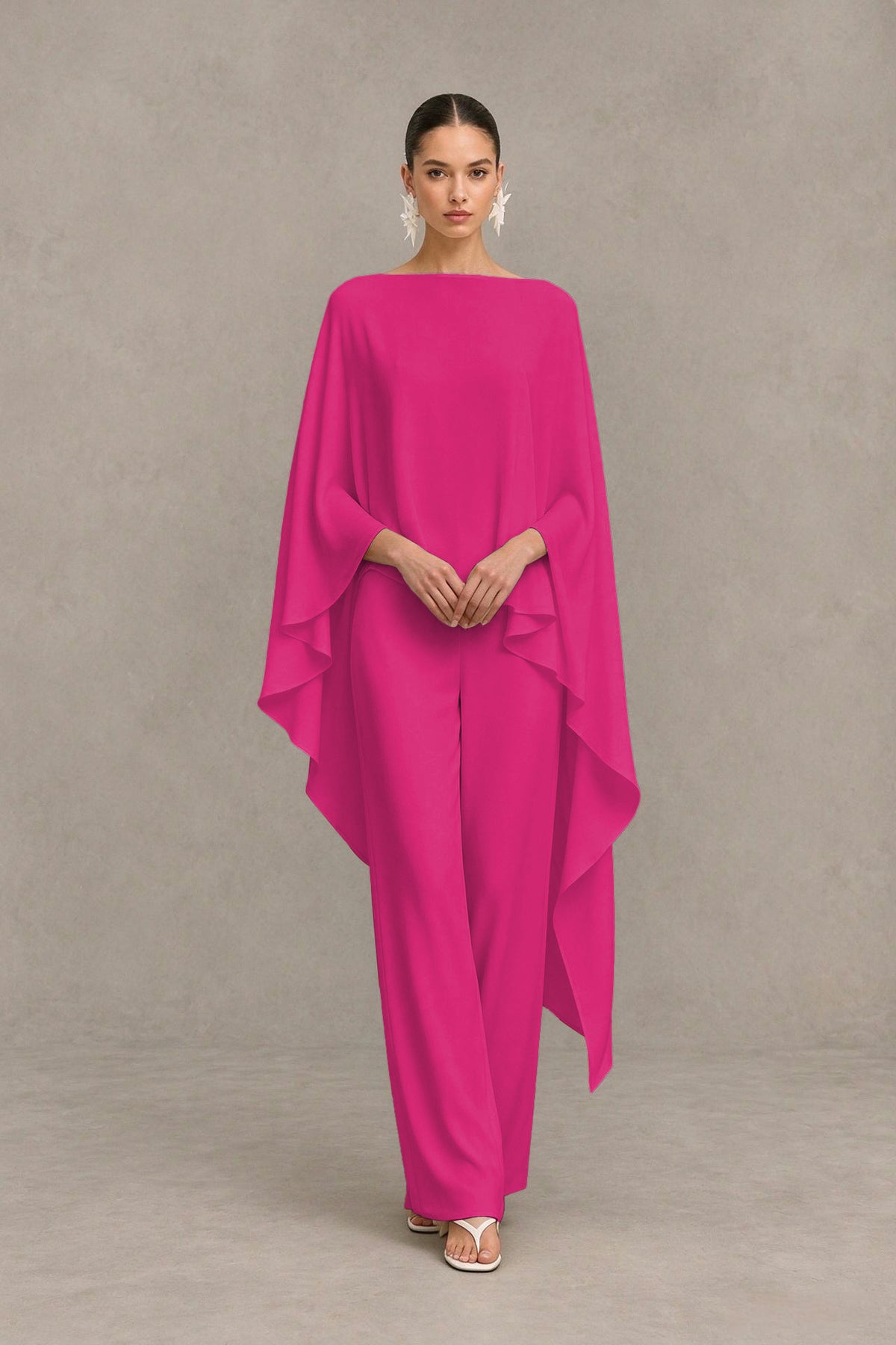 BOLODOO Hot Pink Cape Sleeve Wide-Leg Formal Pantsuit - Hot Pink - Hot Pink_04