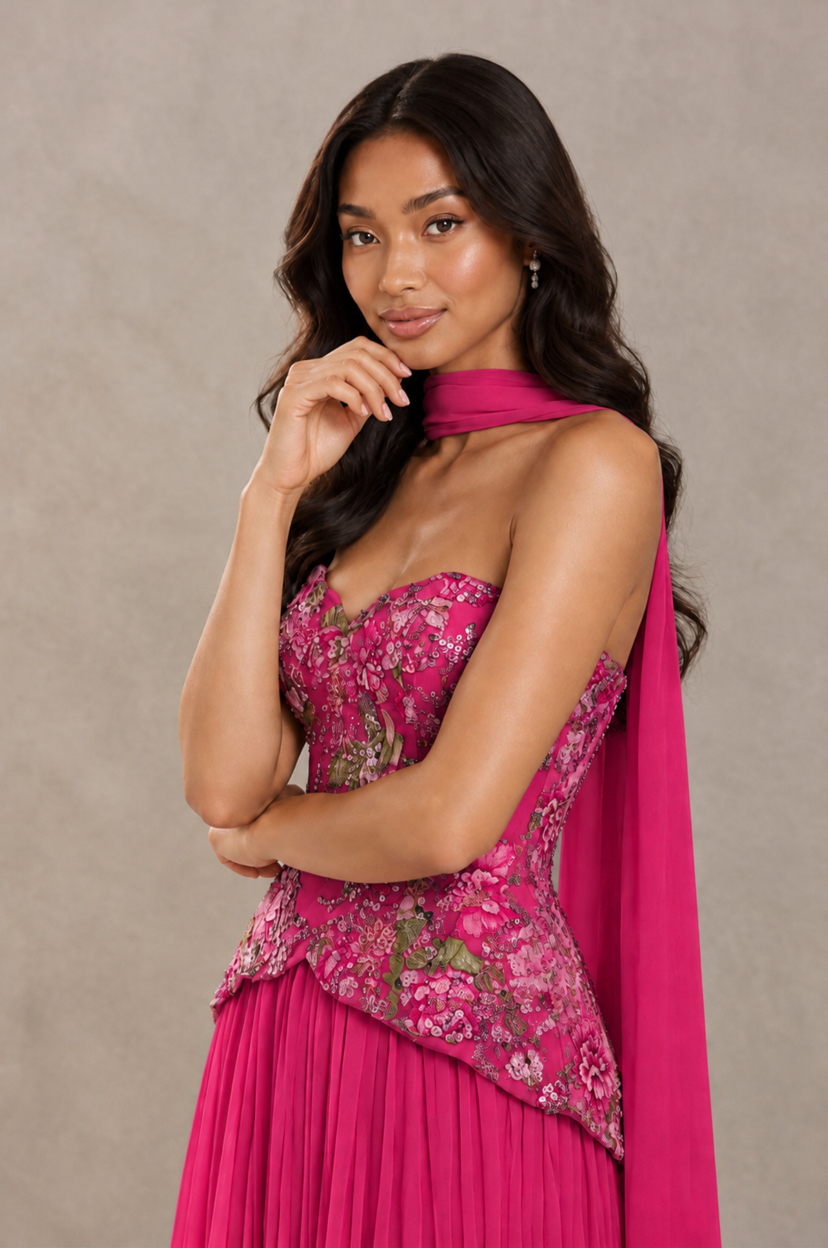 BOLODOO Hot Pink Strapless Beaded Floral Corset Chiffon Maxi Gown – Open Back Prom & Formal Evening Dress - Hot Pink - Hot Pink_04