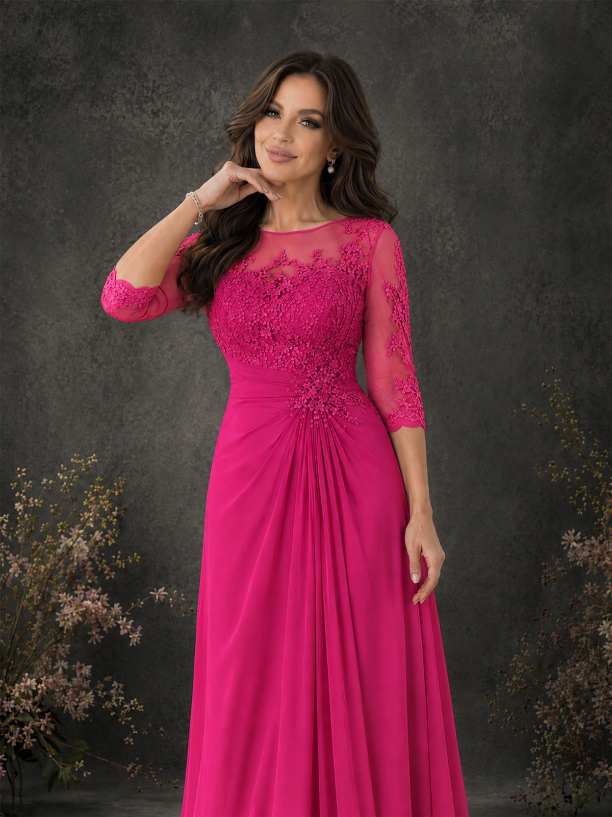 BOLODOO Hot Pink Chiffon Lace Illusion Neckline 3/4 Sleeve Floor Length Formal Gown - Hot Pink - Hot Pink_04