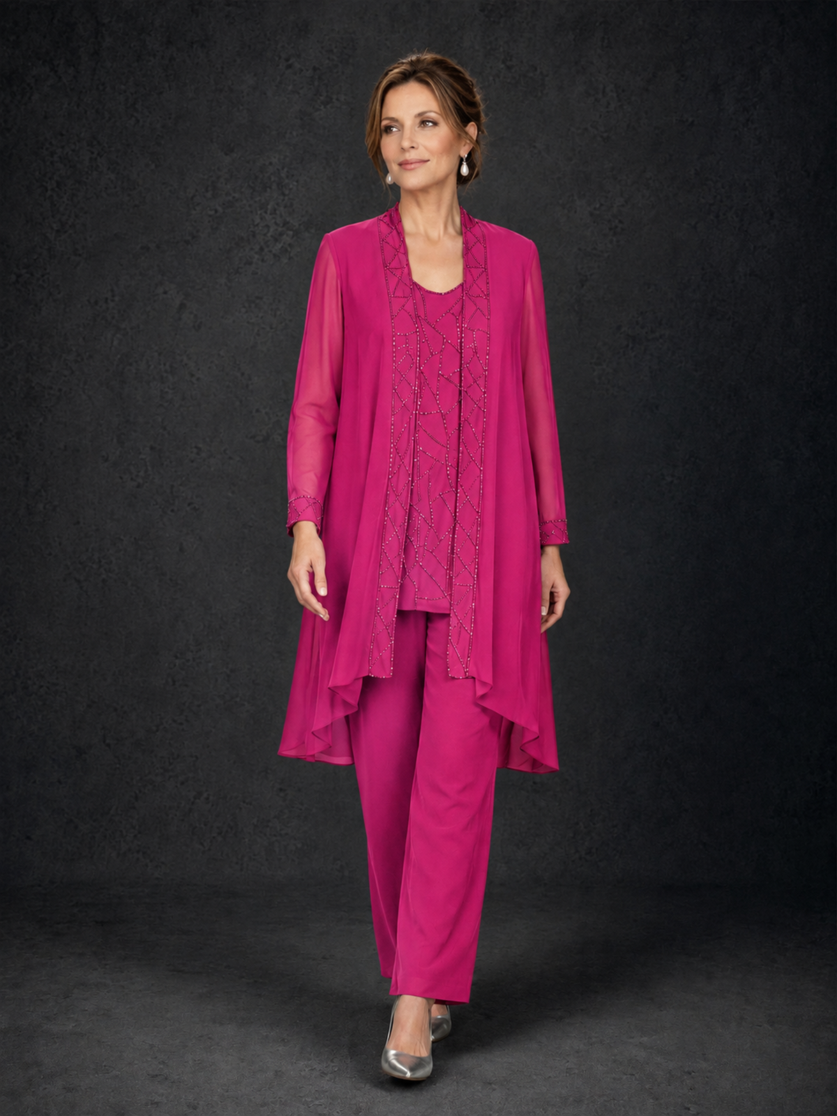 BOLODOO Hot Pink 3-Piece Beaded Chiffon Duster Jacket Pant Suit - Hot Pink - Hot Pink_04