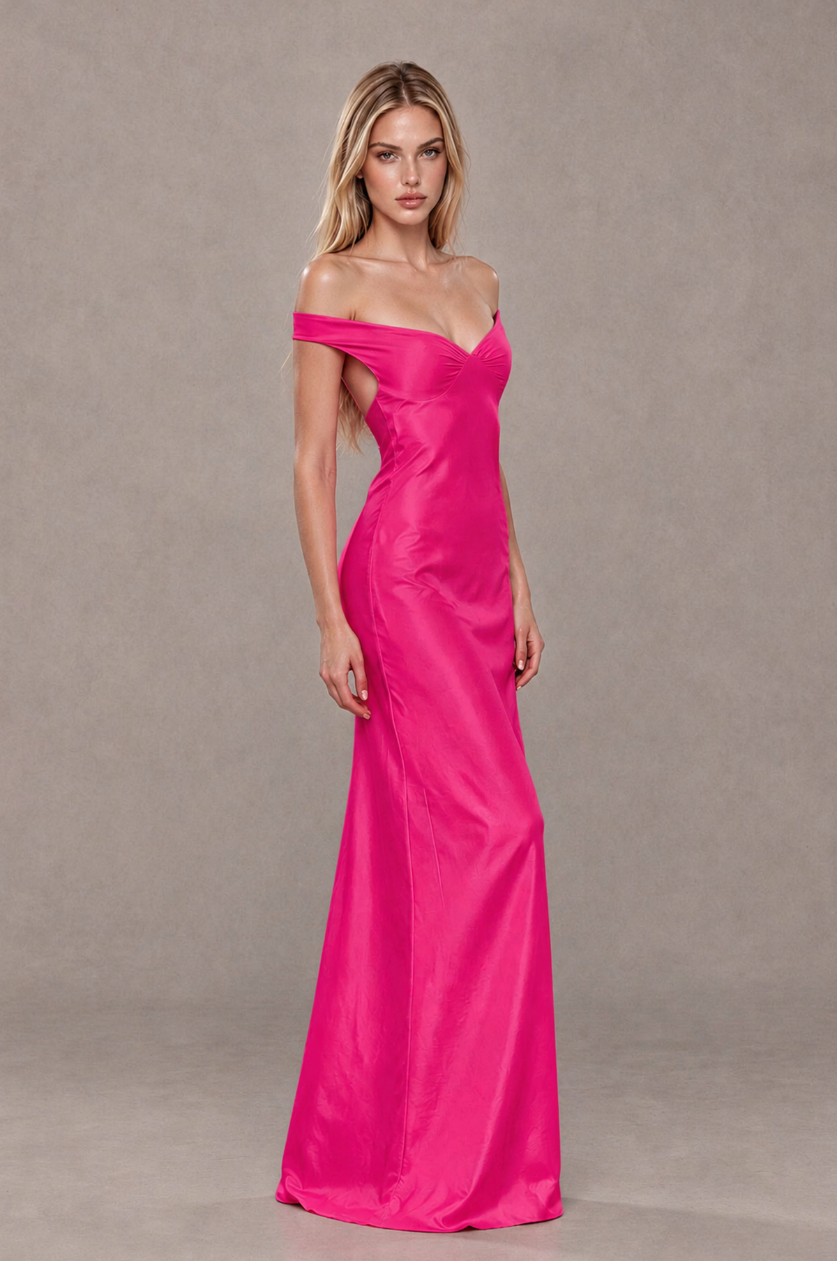 BOLODOO Hot Pink Off-Shoulder Open-Back Satin Evening Gown - Hot Pink - Hot Pink_04