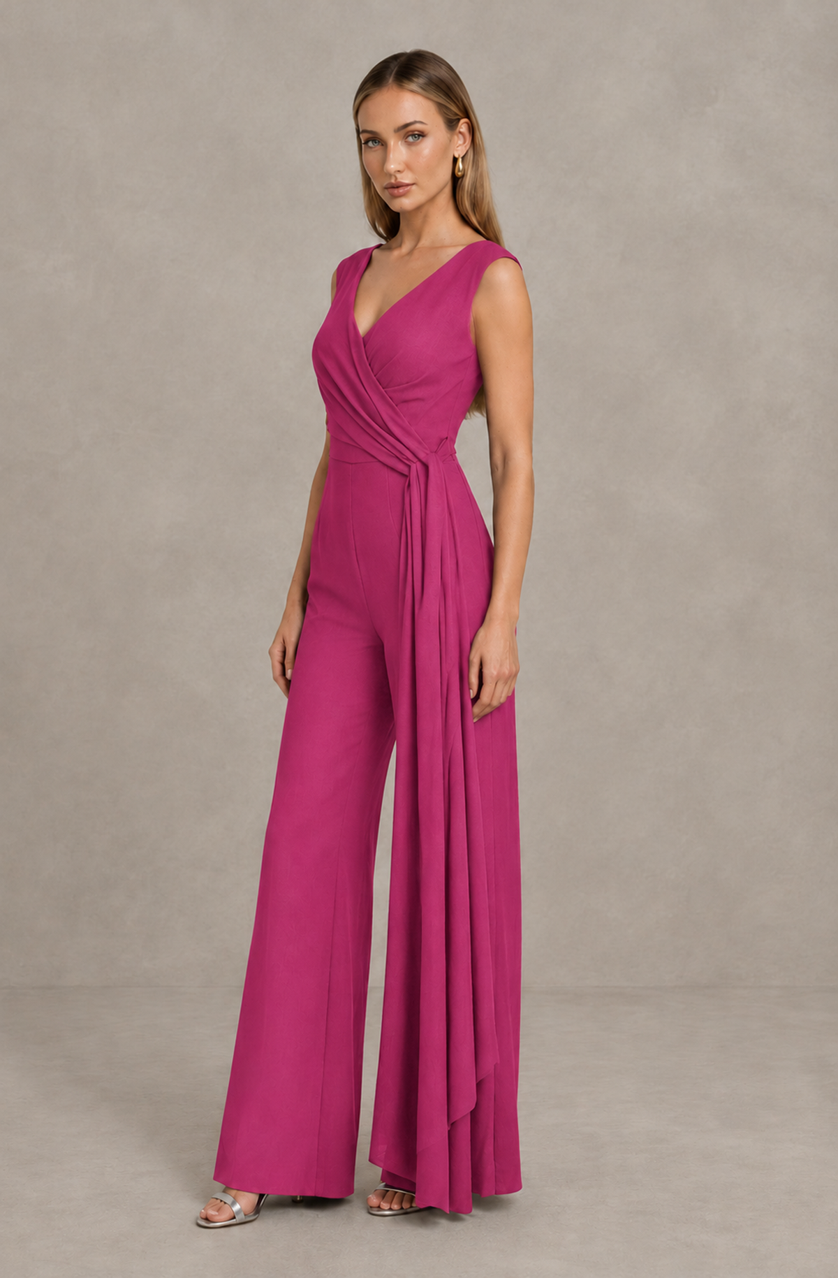 BOLODOO Hot Pink Sleeveless V-Neck Wide-Leg Jumpsuit with Side Drape - Hot Pink - Hot Pink_04