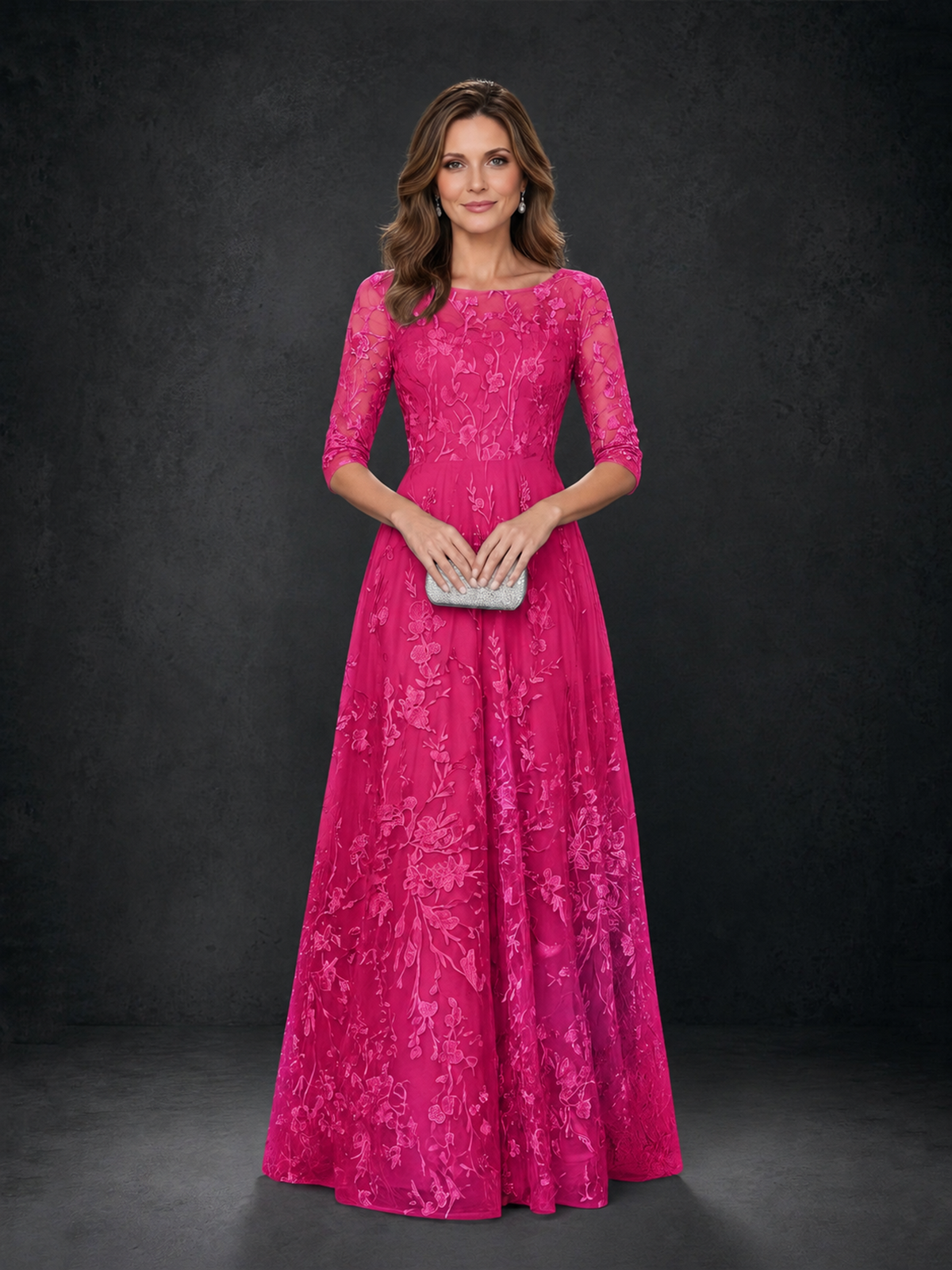 BOLODOO Hot Pink Illusion Bateau Neck 3/4 Sleeve Floral Lace A-Line Mother of the Bride Dress MX007 - Hot Pink - Hot Pink_04