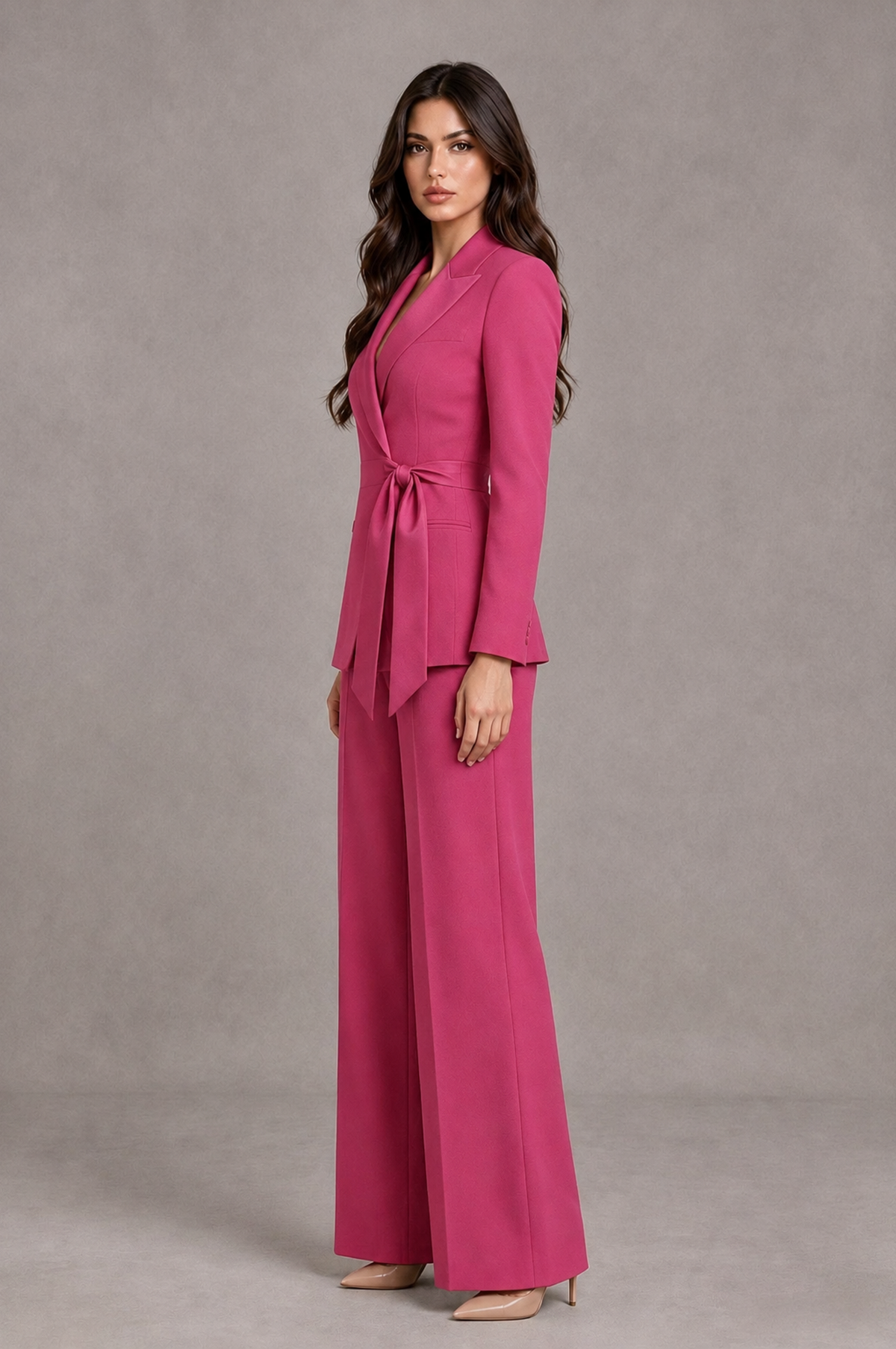BOLODOO Hot Pink Tie-Waist Blazer & Wide-Leg Pantsuit - Hot Pink - Hot Pink_04