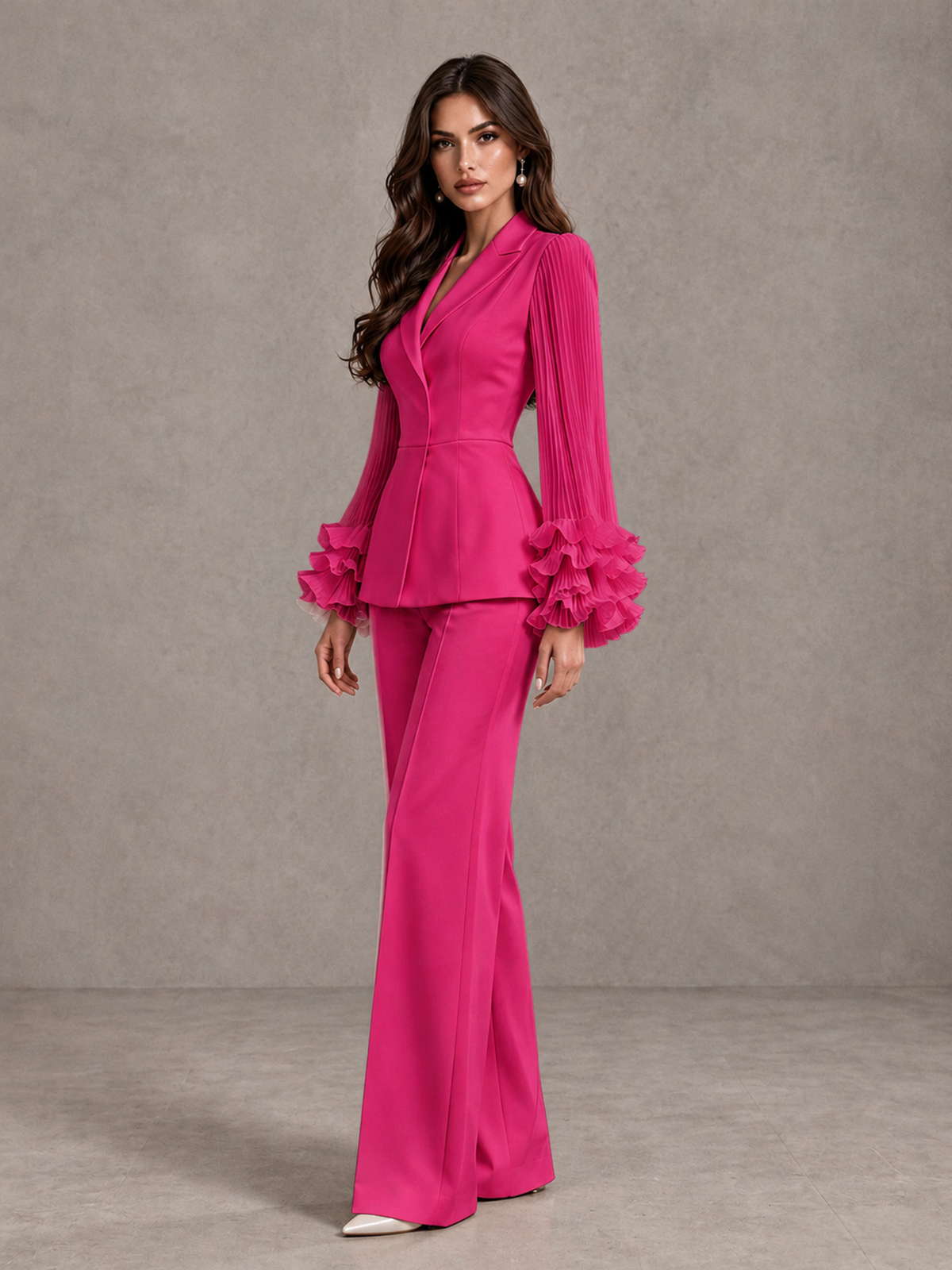 BOLODOO Hot Pink Mother of the Bride Pant Suit – Pleated Long Sleeve Ruffle Cuff Wide Leg Trouser Suit - Hot Pink - Hot Pink_04