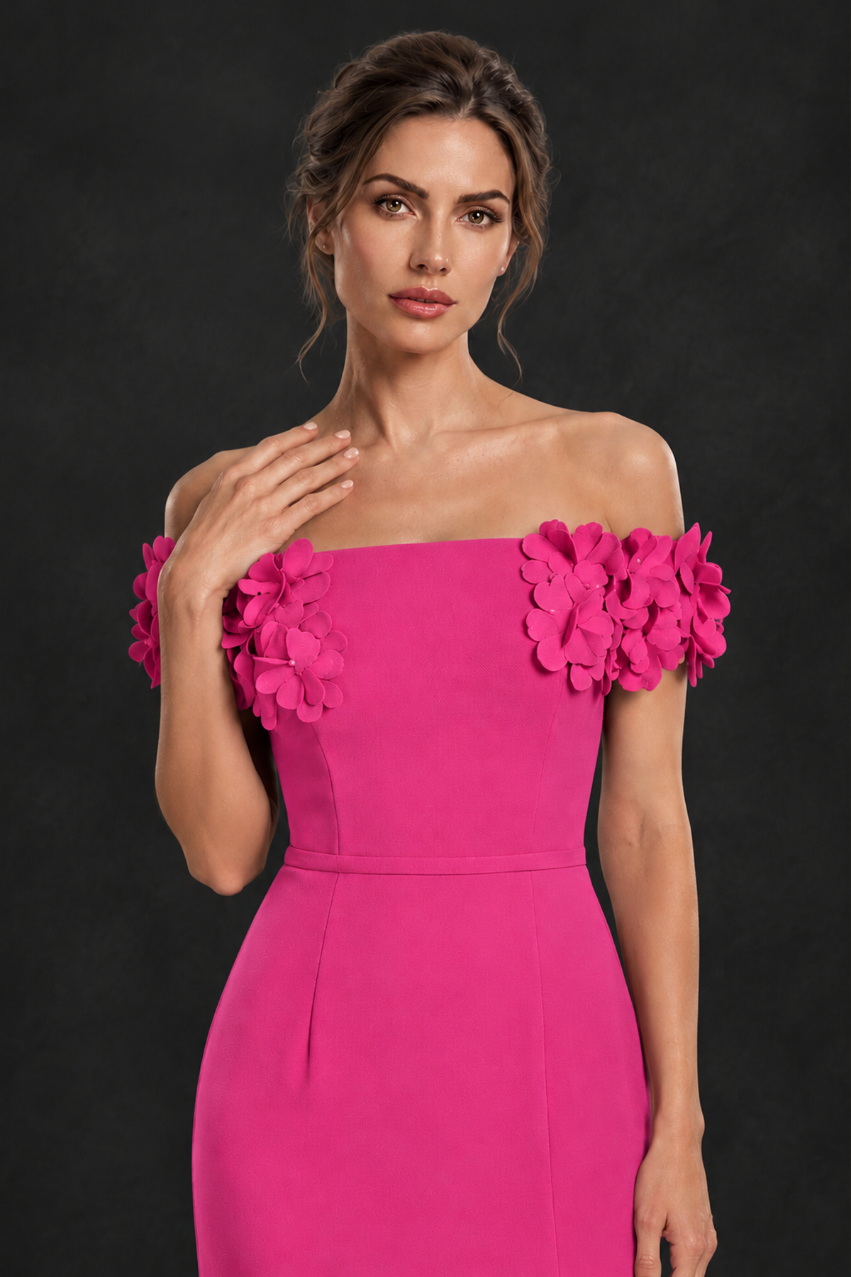 BOLODOO Hot Pink Off-the-Shoulder Mother of the Bride Dress with Floral Appliques - Hot Pink - Hot Pink_04