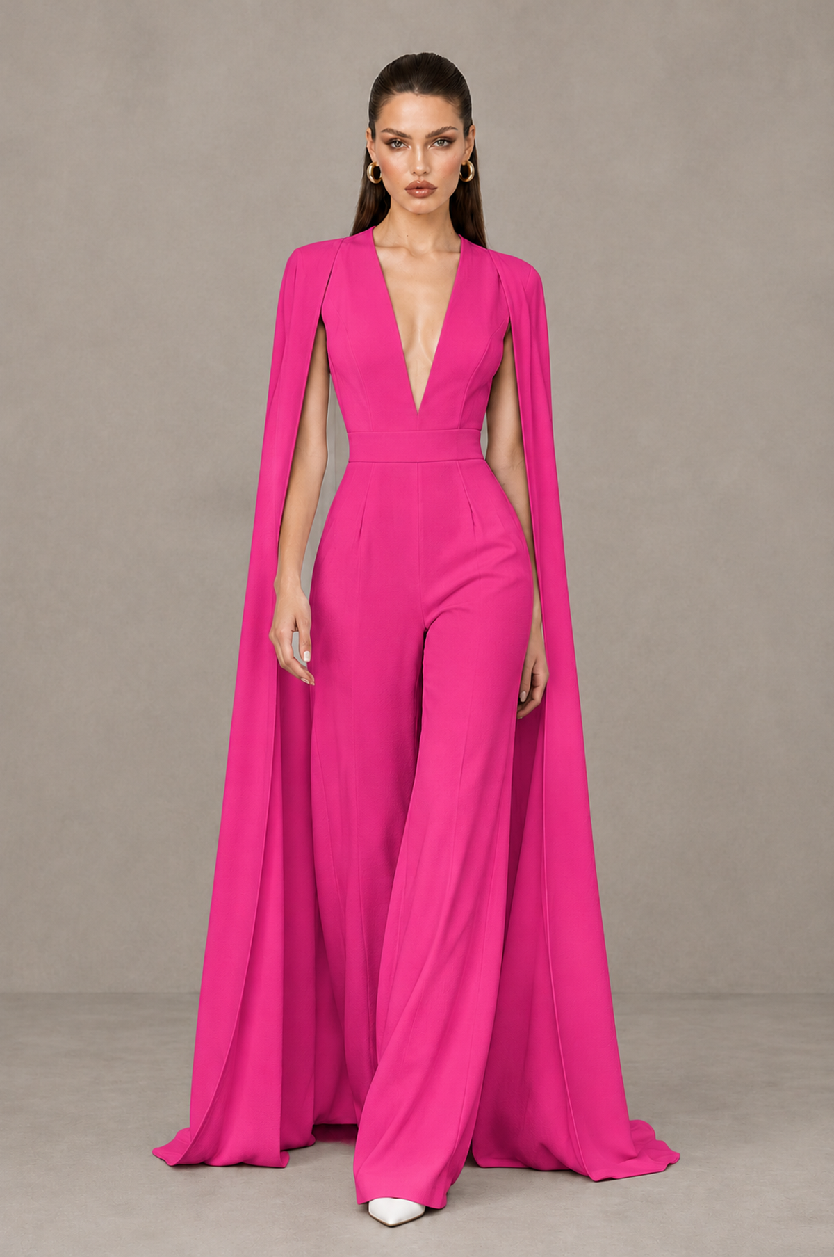 BOLODOO Hot Pink Deep V-Neck Cape Sleeve Bridal Jumpsuit - Hot Pink - Hot Pink_04