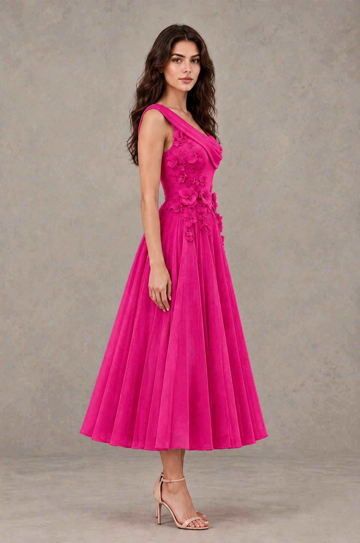 BOLODOO Hot Pink One-Shoulder Floral Tulle Tea-Length Dress - Hot Pink - Hot Pink_04