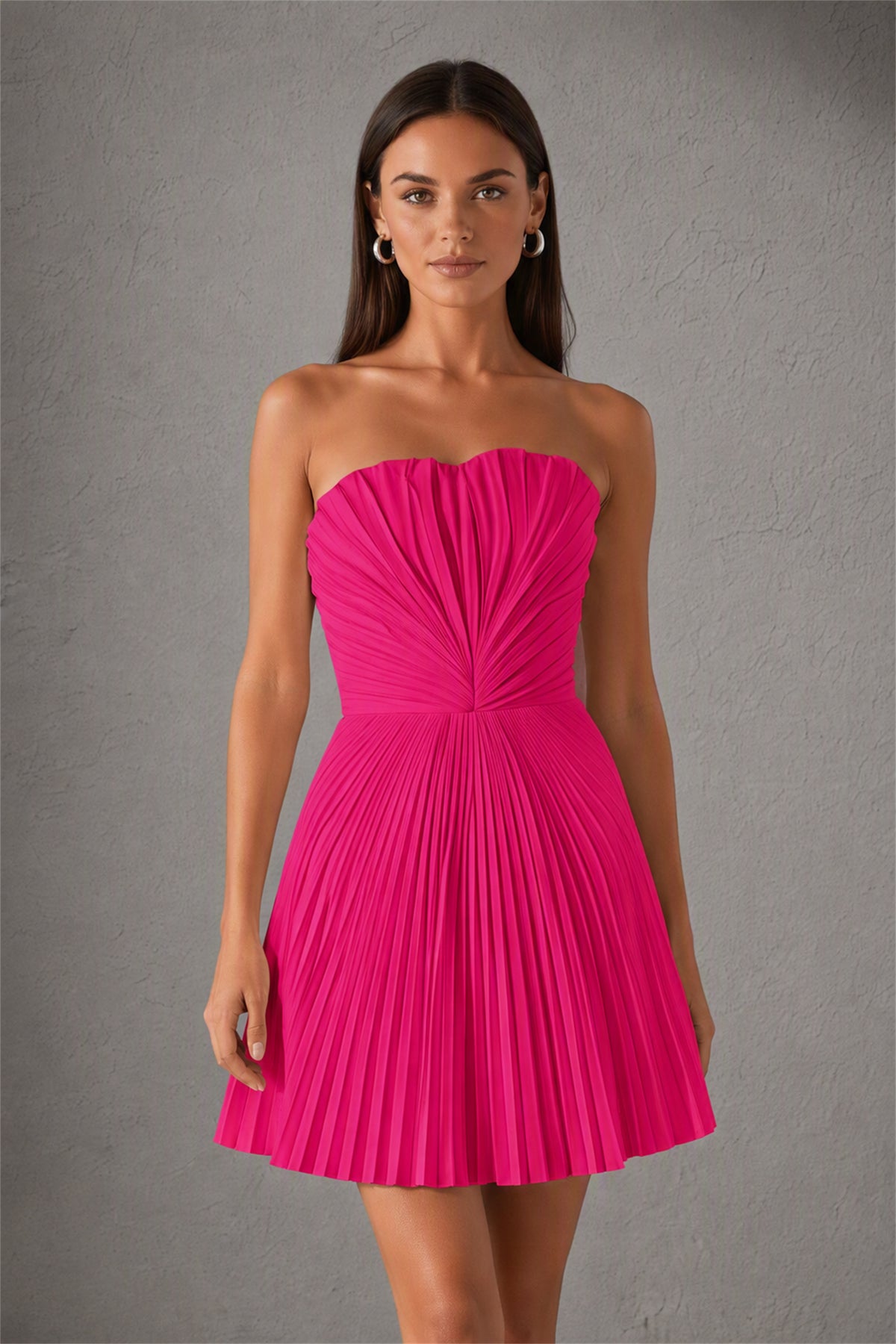 BOLODOO Hot Pink Strapless Sweetheart Pleated Corset Mini Dress with Lace-Up Back - Hot Pink