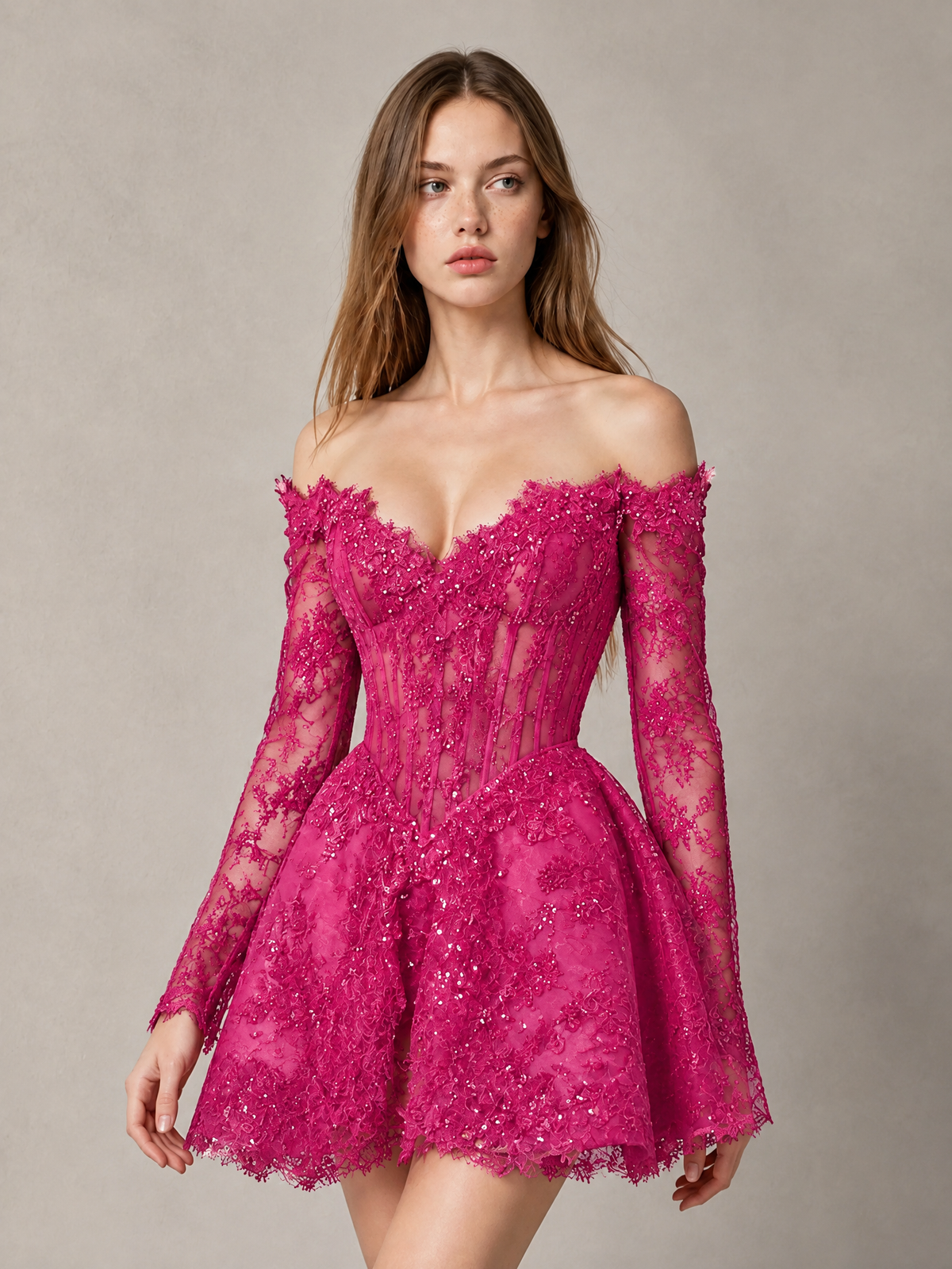 BOLODOO Hot Pink Off-Shoulder Long Sleeve Sheer Lace Sequin Corset A-Line Mini Dress | Open Back Cocktail Party Dress - Hot Pink