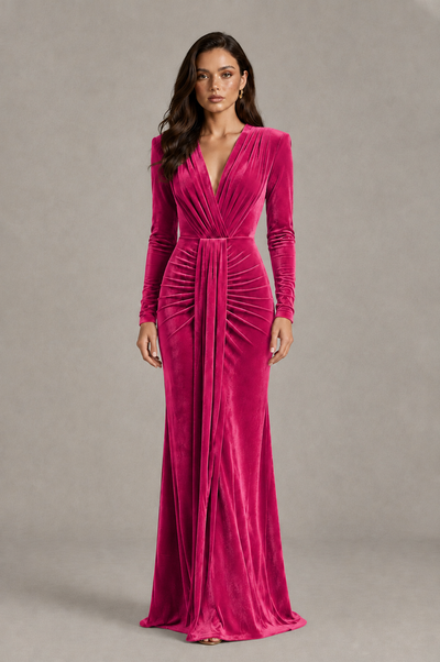 BOLODOO Hot Pink Velvet Long Sleeve V-Neck Ruched Evening Gown - Hot Pink