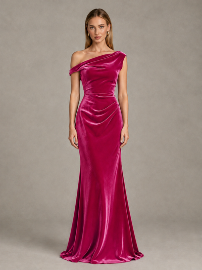 BOLODOO Hot Pink One-Shoulder Velvet Mermaid Evening Gown - Hot Pink - Hot Pink_1