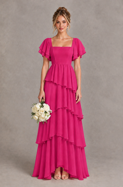 BOLODOO Hot Pink Square Neck Flutter Sleeve Tiered Chiffon Bridesmaid Dress with Lace-Up Back - Hot Pink - Hot Pink_1