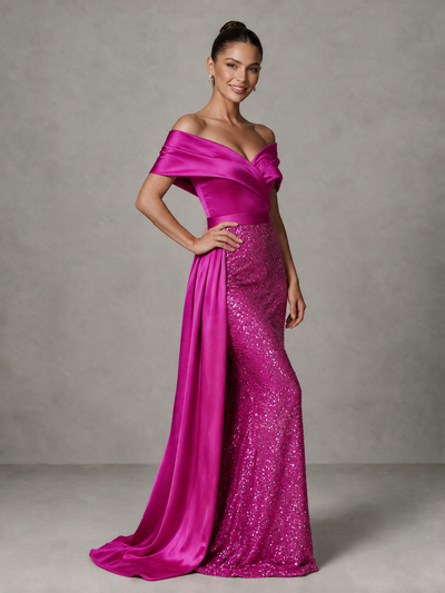 BOLODOO Hot Pink Sequin Mermaid Evening Dress with Off-Shoulder Satin Drape and Sweep Train - Hot Pink - Hot Pink_1