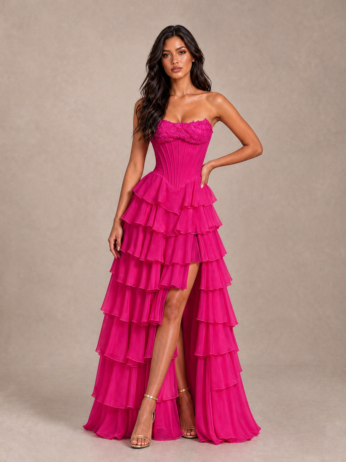 BOLODOO Hot Pink Strapless Corset Tiered Ruffle Prom Dress with High Slit - Hot Pink - Hot Pink_1