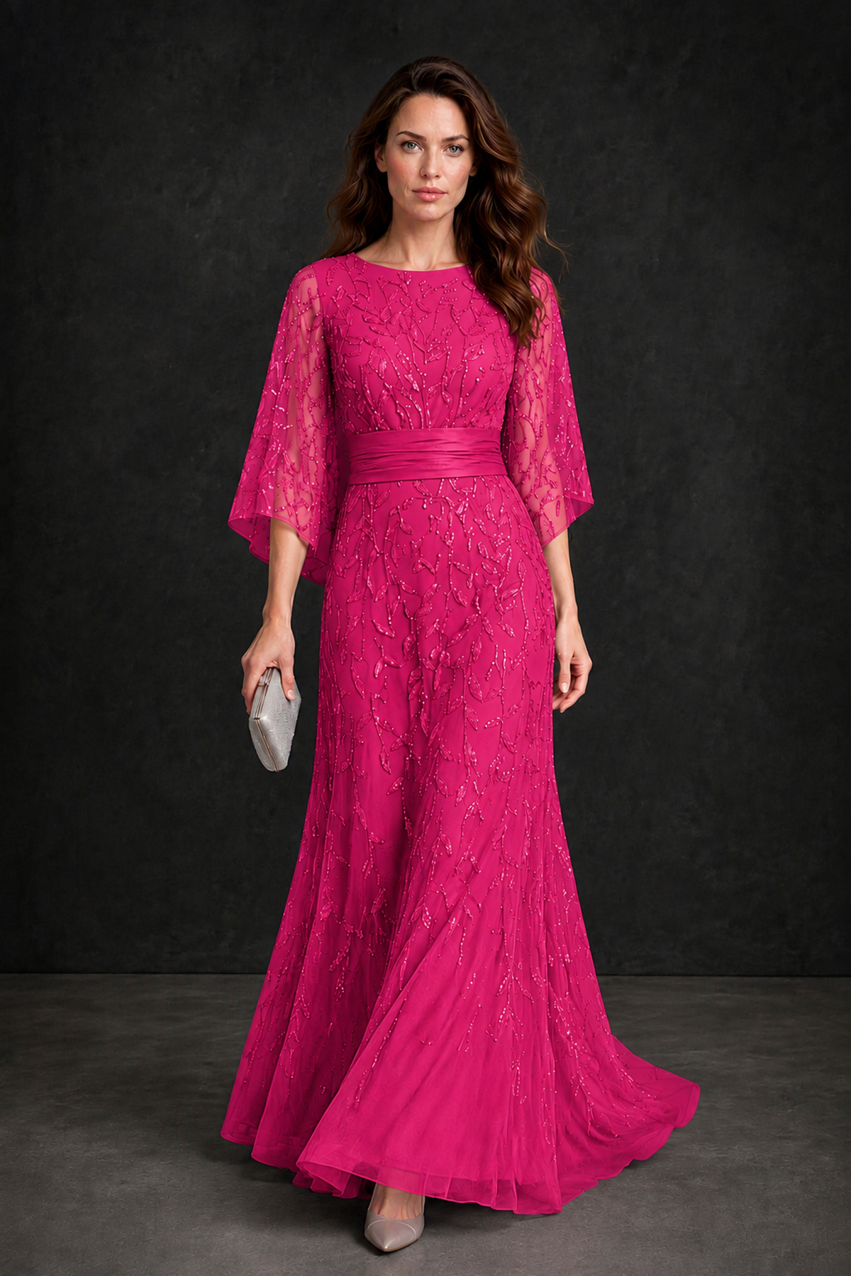 BOLODOO Hot Pink Bateau Neck Bell Sleeve Sequin Embroidered Satin Waist A-Line Maxi Dress - Hot Pink - Hot_Pink_1