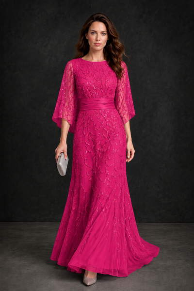 BOLODOO Hot Pink Bateau Neck Bell Sleeve Sequin Embroidered Satin Waist A-Line Maxi Dress - Hot Pink - Hot_Pink_1
