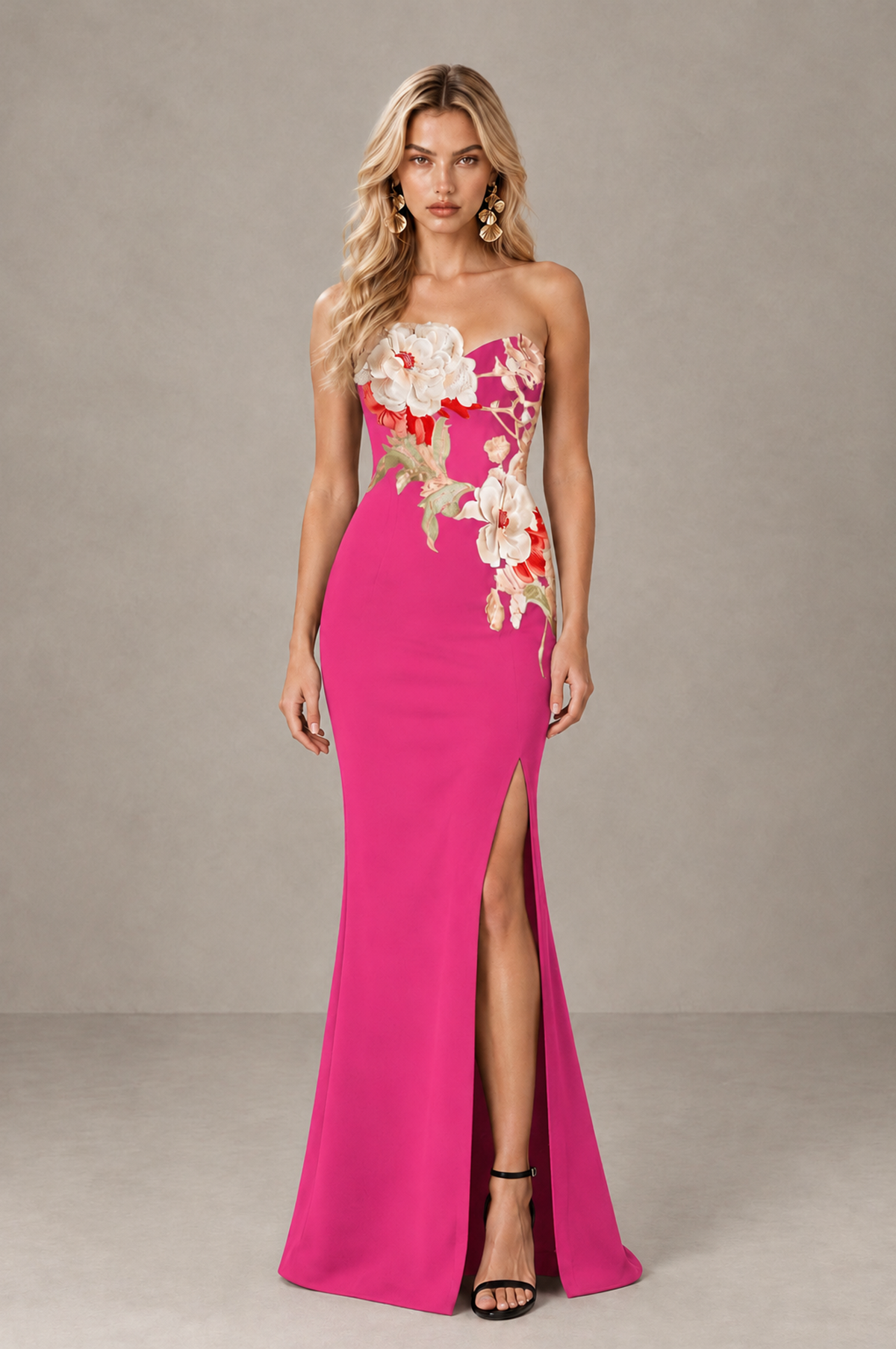 BOLODOO Hot Pink Strapless Floral Mermaid Evening Dress with Slit - Hot Pink - Hot_Pink_1