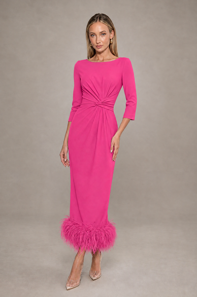 BOLODOO Hot Pink Feather-Trim Twist-Waist Midi Dress - Hot Pink - Hot_Pink_1