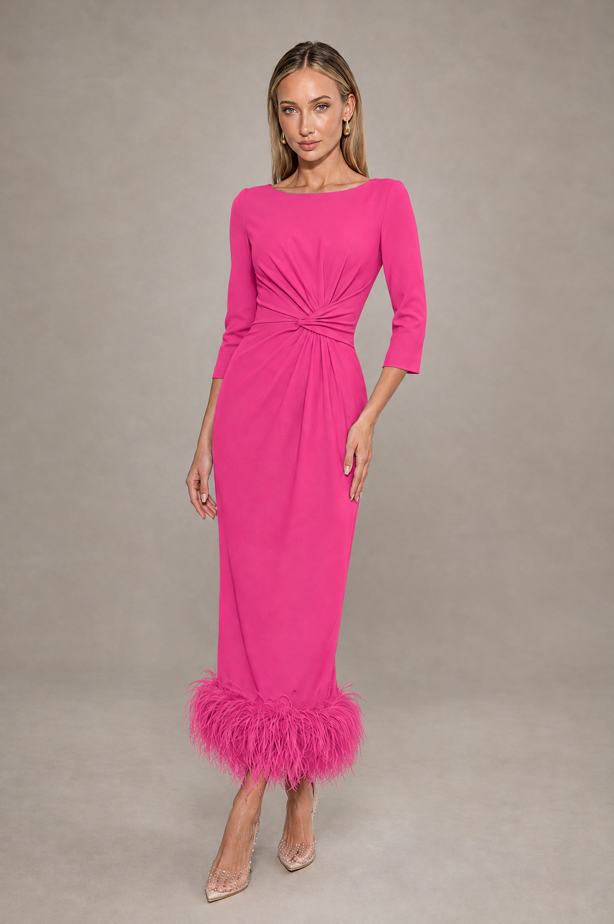 BOLODOO Hot Pink Feather-Trim Twist-Waist Midi Dress - Hot Pink - Hot_Pink_1