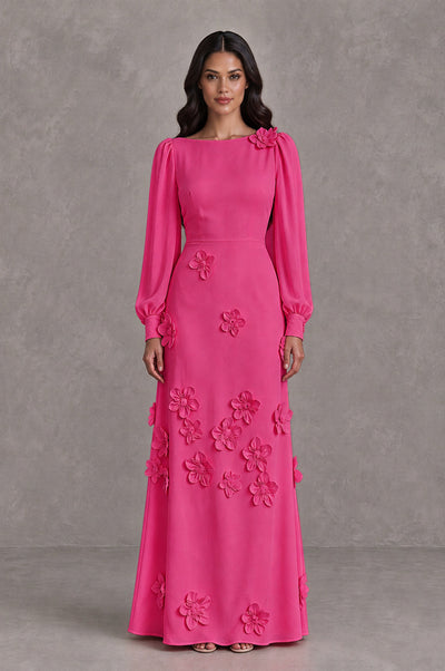 BOLODOO Hot Pink Long Sleeve Floral Applique A-Line Evening Dress - Hot Pink - Hot Pink_1