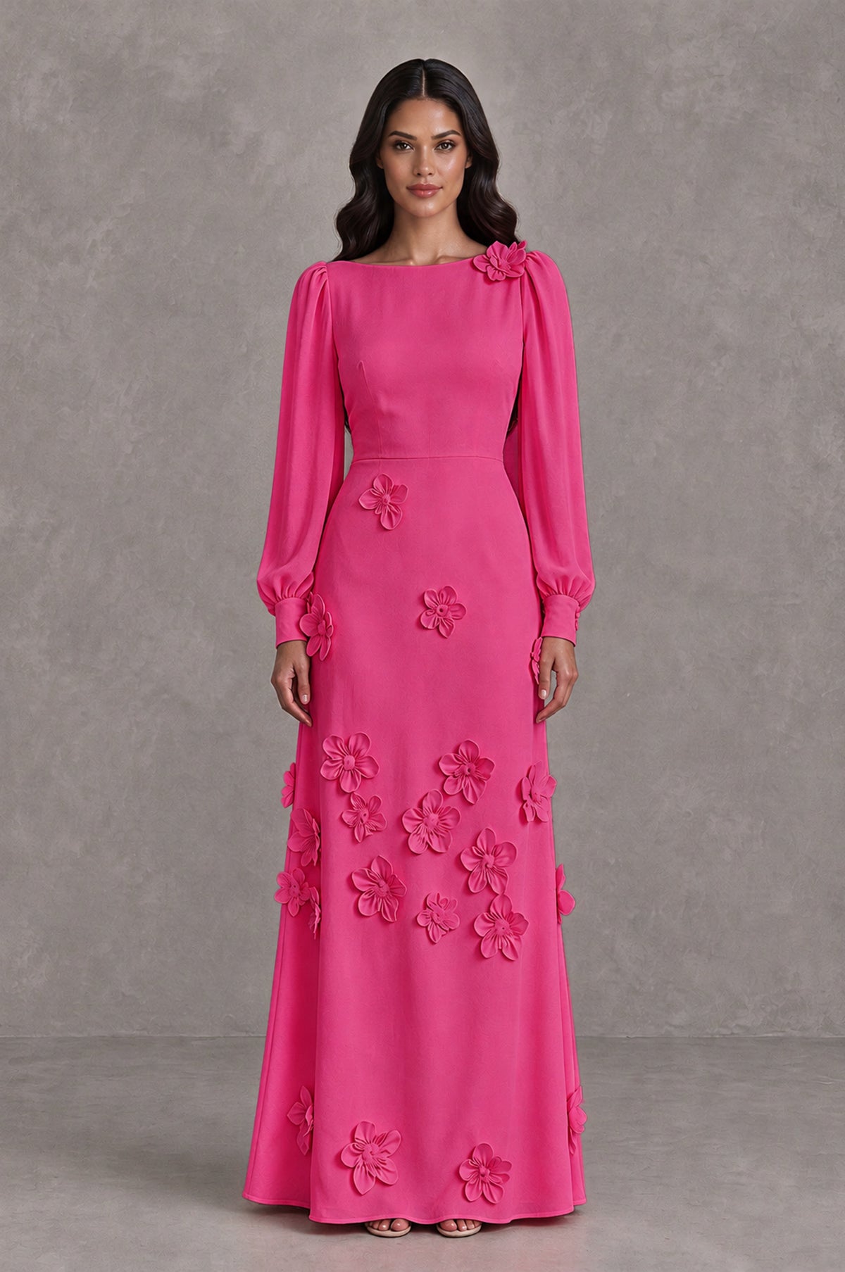 BOLODOO Hot Pink Long Sleeve Floral Applique A-Line Evening Dress - Hot Pink - Hot Pink_1