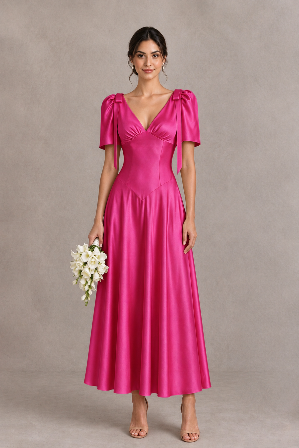 BOLODOO Hot Pink V-Neck Short Sleeve Satin-Look Bridesmaid Dress with Shoulder Bows - Hot Pink - Hot Pink_1