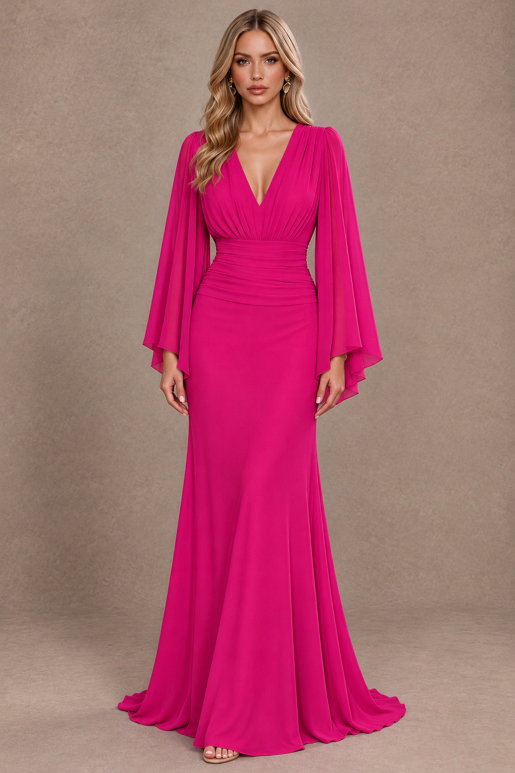 BOLODOO Hot Pink Cape Sleeve V-Neck Ruched Chiffon Evening Dress - Hot Pink - Hot_Pink_1