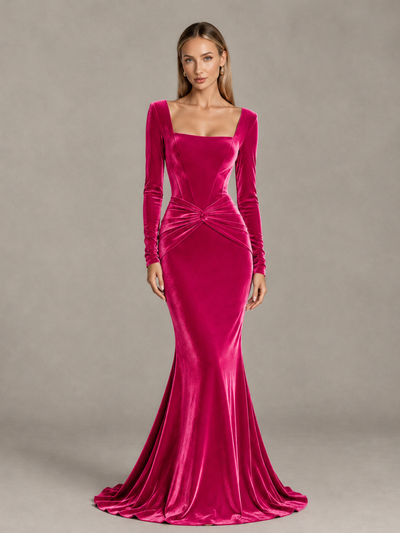 BOLODOO Hot Pink Velvet-Look Square Neck Long Sleeve Mermaid Evening Dress - Hot Pink - Hot Pink_1