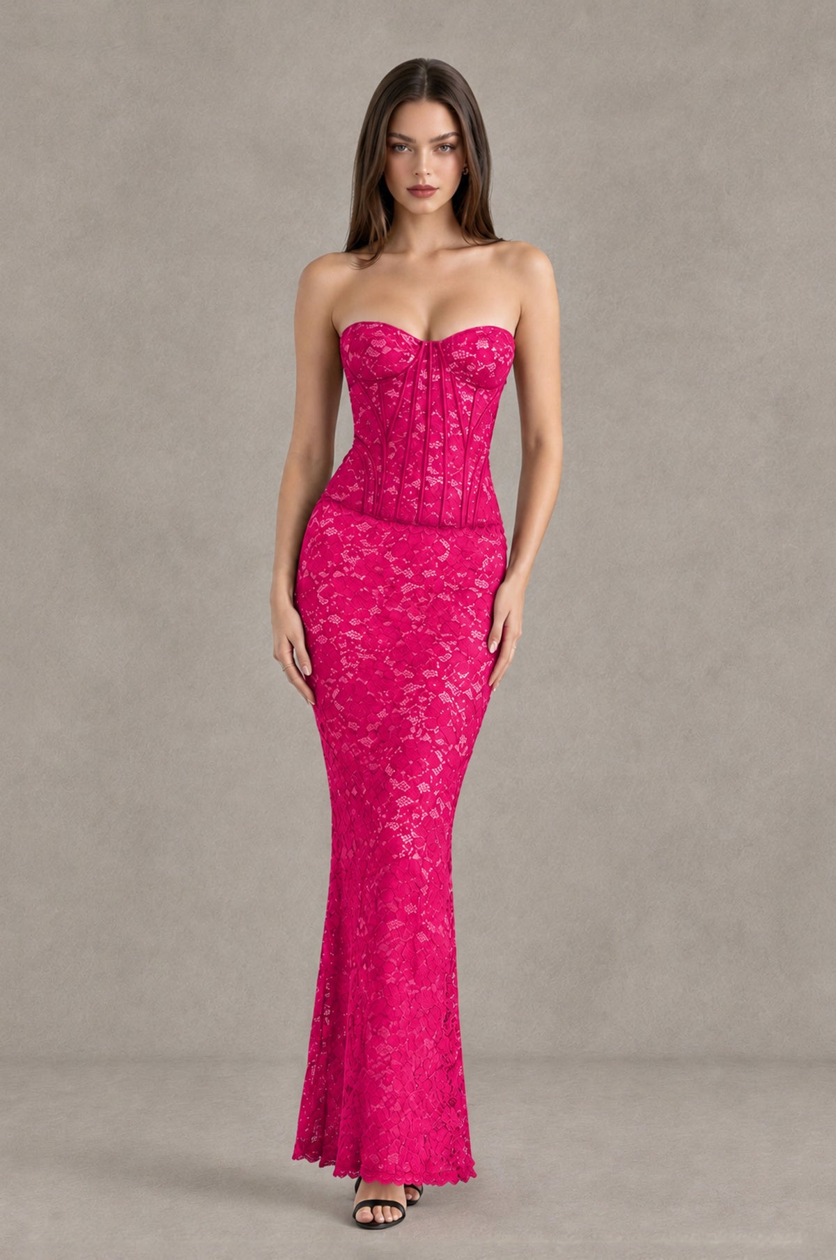 BOLODOO Hot Pink Strapless Lace Corset Wedding Guest Dress - Hot Pink - Hot Pink_1