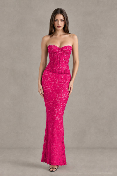 BOLODOO Hot Pink Strapless Lace Corset Wedding Guest Dress - Hot Pink - Hot Pink_1