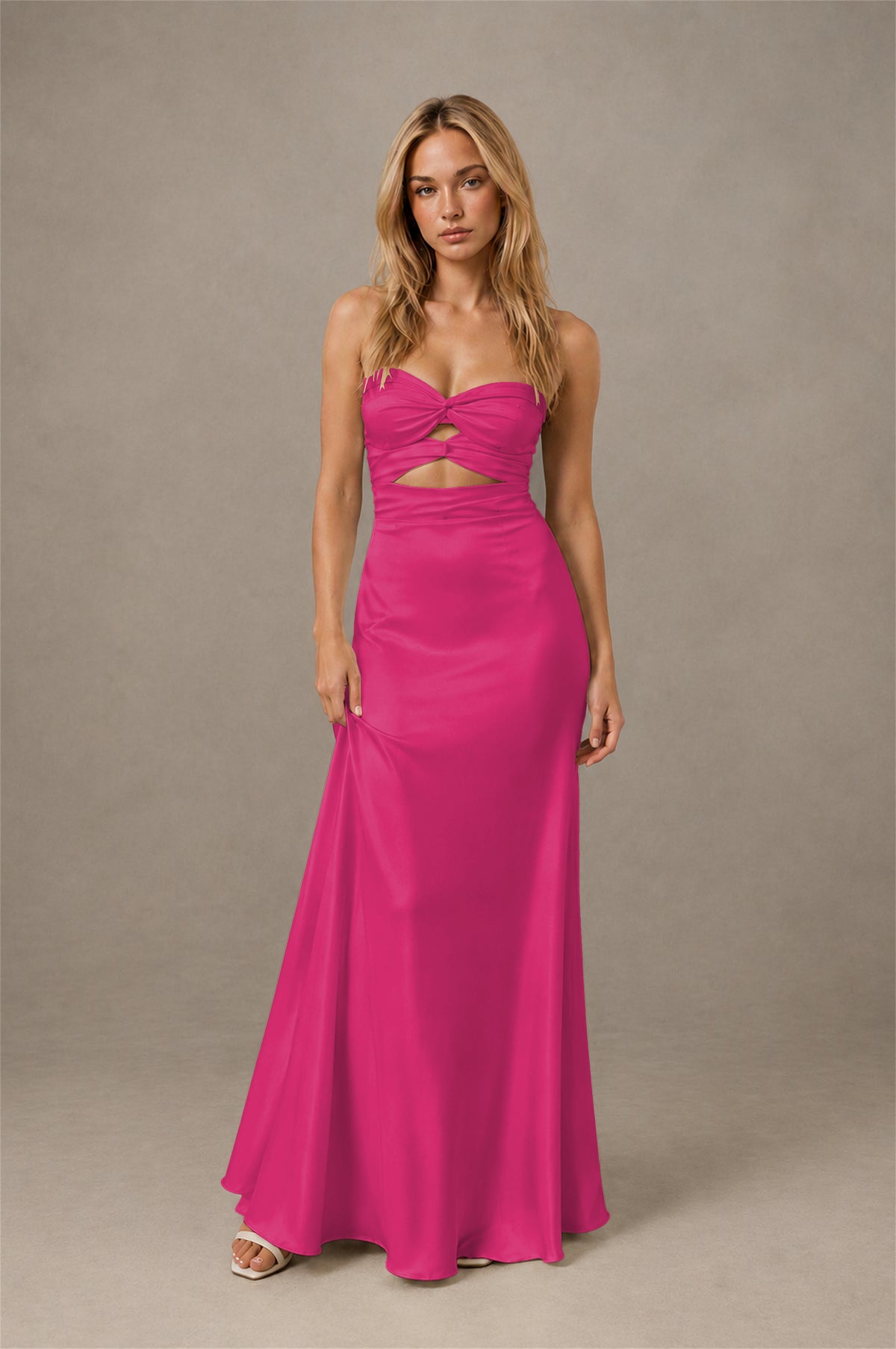 BOLODOO Hot Pink Sweetheart Strapless Twist Knot Cutout Lace-Up Back Satin Mermaid Maxi Dress - Hot Pink - Hot Pink(1)