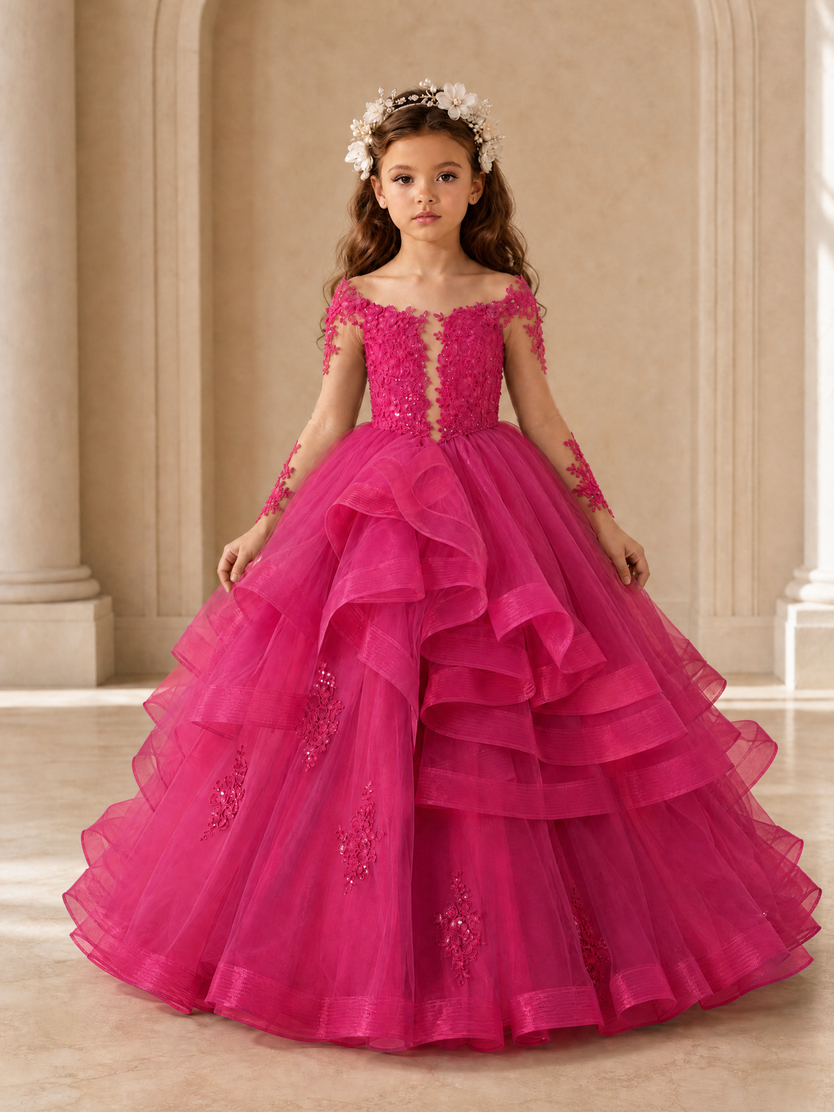 BOLODOO Hot Pink Lace Long Sleeve Tiered Flower Girl Dress - Hot Pink - Hot_Pink_1