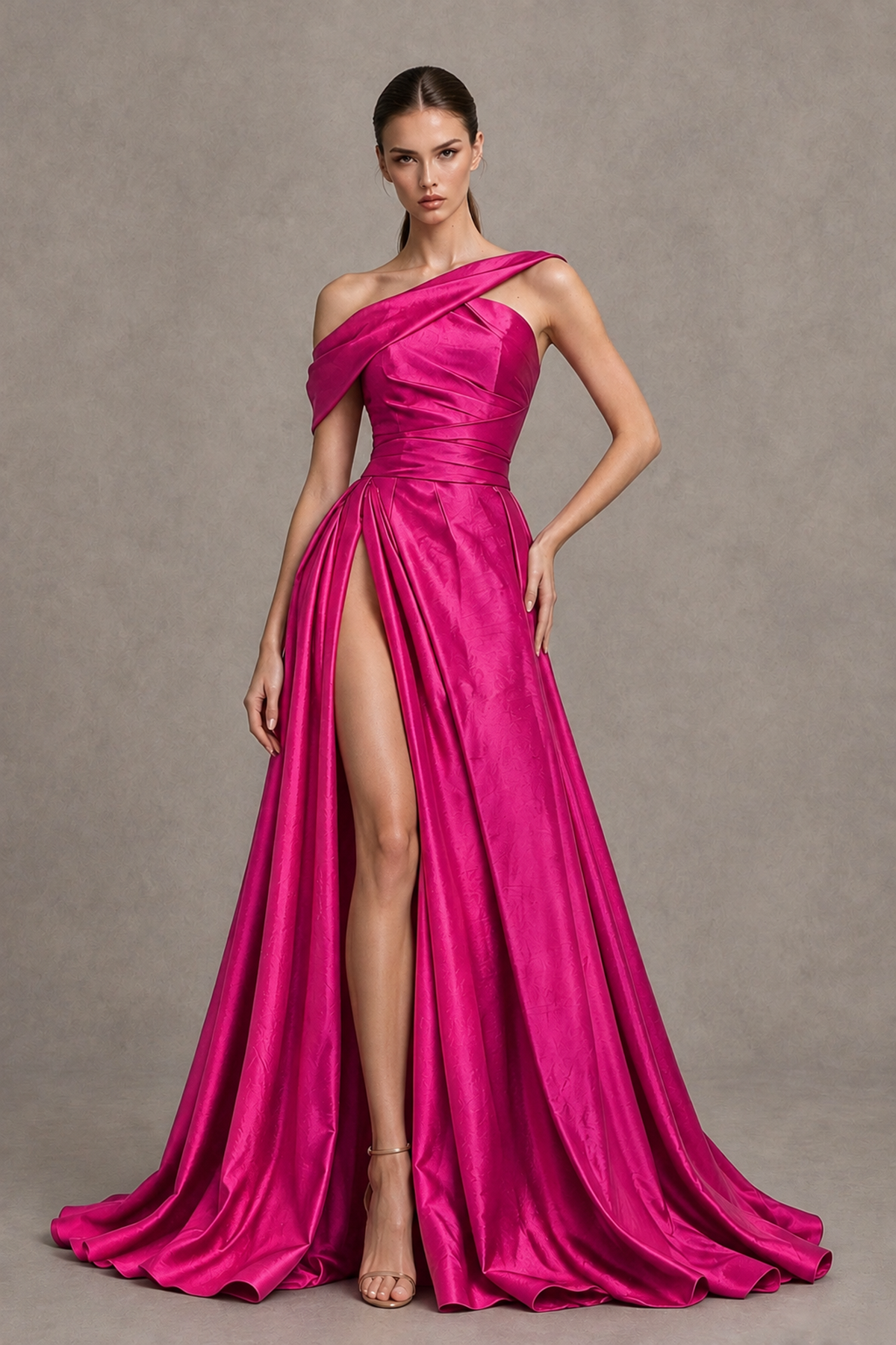 BOLODOO Hot Pink Asymmetric Satin-Look A-Line Prom Dress with High Slit - Hot Pink - Hot Pink_1