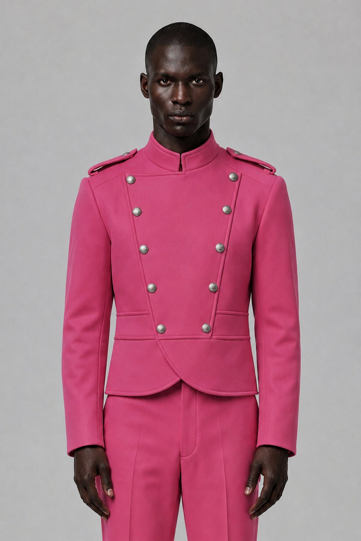 Bolodoo Men's Hot Pink Military-Inspired Two-Piece Suit with Stand Collar - Hot Pink - Hot Pink_1