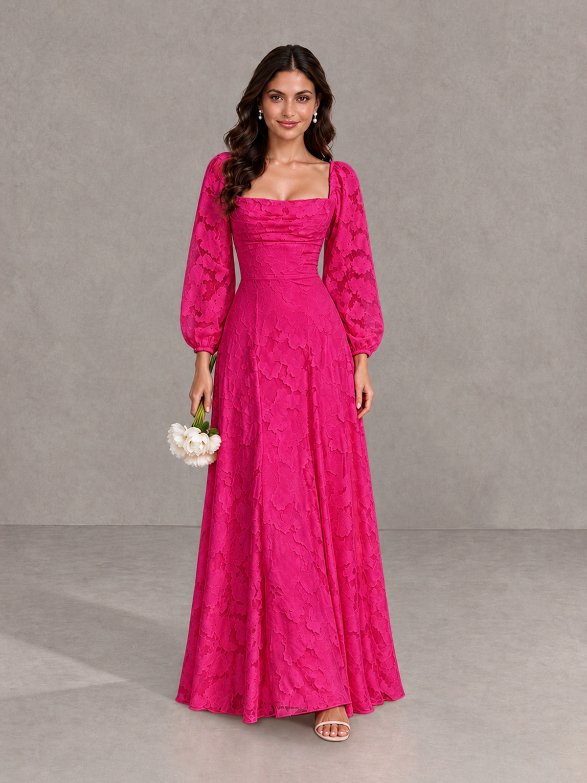 BOLODOO Hot Pink Floral Long Sleeve A-Line Bridesmaid Dress - Hot Pink - Hot Pink_1