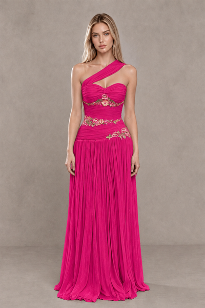 BOLODOO Hot Pink One-Shoulder Floral Applique A-Line Evening Dress - Hot Pink - Hot Pink_1