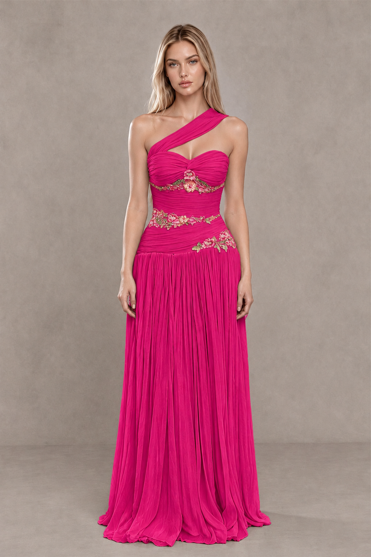 BOLODOO Hot Pink One-Shoulder Floral Applique A-Line Evening Dress - Hot Pink - Hot Pink_1