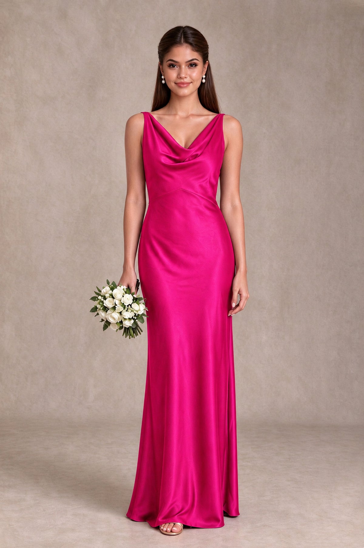 BOLODOO Hot Pink Cowl Neck Open Back Satin Bridesmaid Dress - Hot Pink - Hot Pink_1