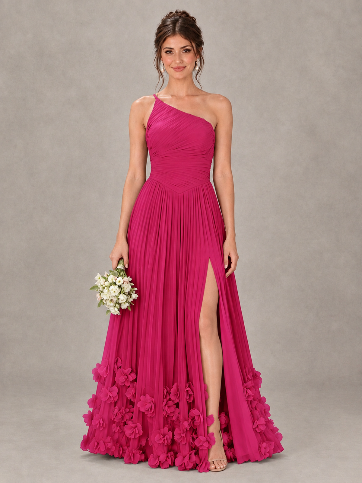 BOLODOO Hot Pink One-Shoulder Pleated Bridesmaid Dress with 3D Floral Hem - Hot Pink - Hot Pink_1